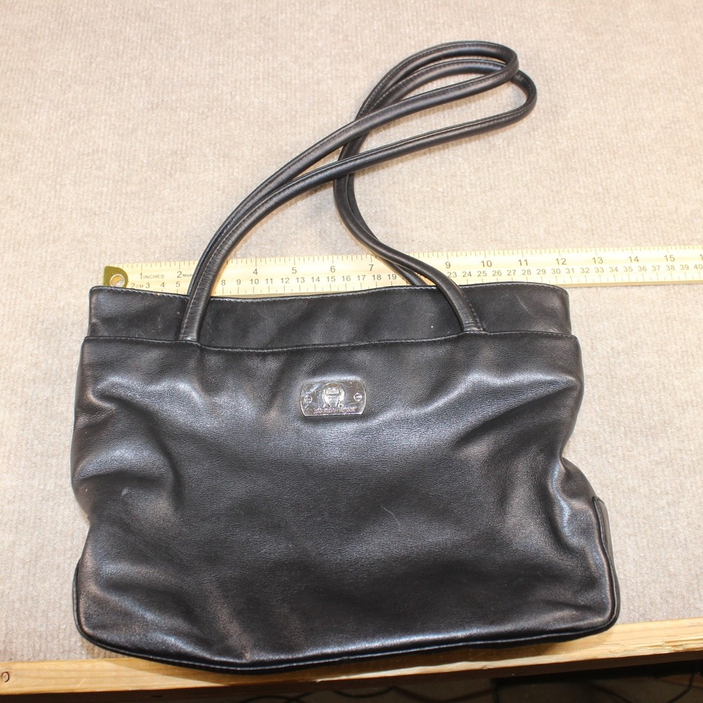 Etienne Aigner Black Leather Shoulder Bag Silver Logo Purse Multi Compartment